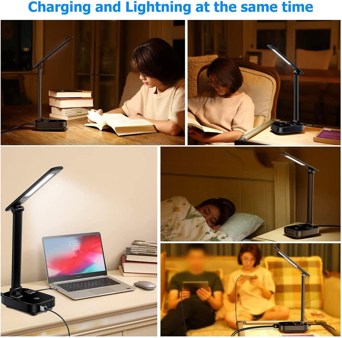 Desk Lamp with AC Outlet, USB Charging Port, Touch Control, 3 Brightness Levels, Foldable LED Desk Lamp for Space-Saving, Eye-Caring Study Lamp for Home Office (Includes Plug)