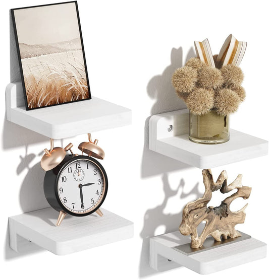 Set of 4 Small Floating Shelves - Wall Mounted - Each Shelf is 4 Inches - Made of Wood - Suitable for Decoration and Storage - Perfect for Bedroom, Bathroom, Kitchen, and Office - Color: White.