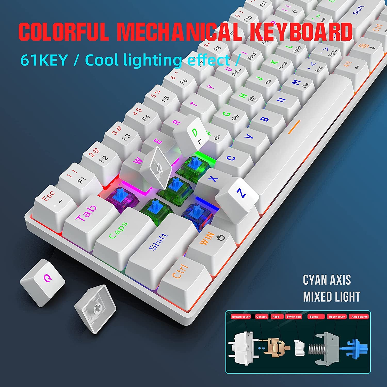 Ultra-Compact White Wired 60% Mechanical Gaming Keyboard - 61 Key Keyboard with Blue Switch, Anti-Ghosting, RGB Backlit, and Double Foot.