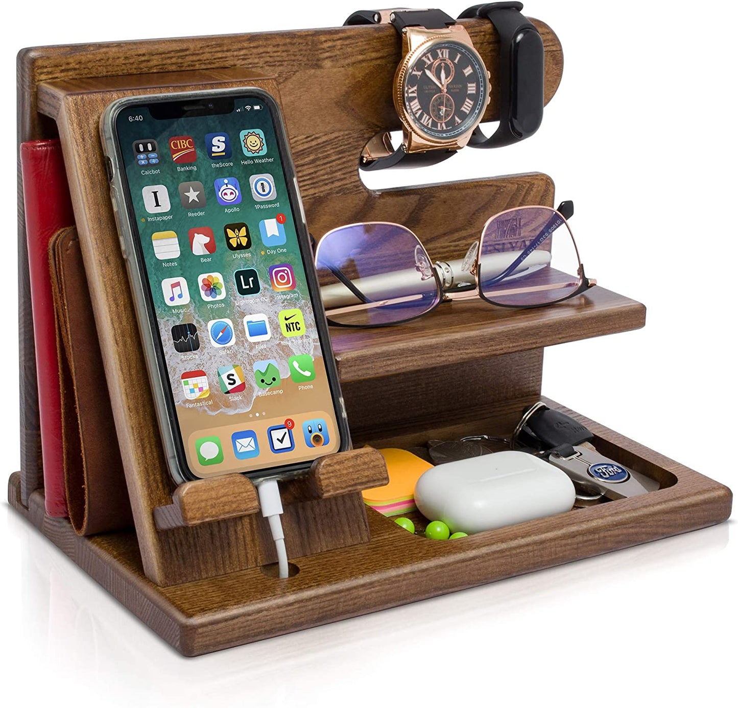  Wood Phone Docking Station - Nightstand Desk Organizer 