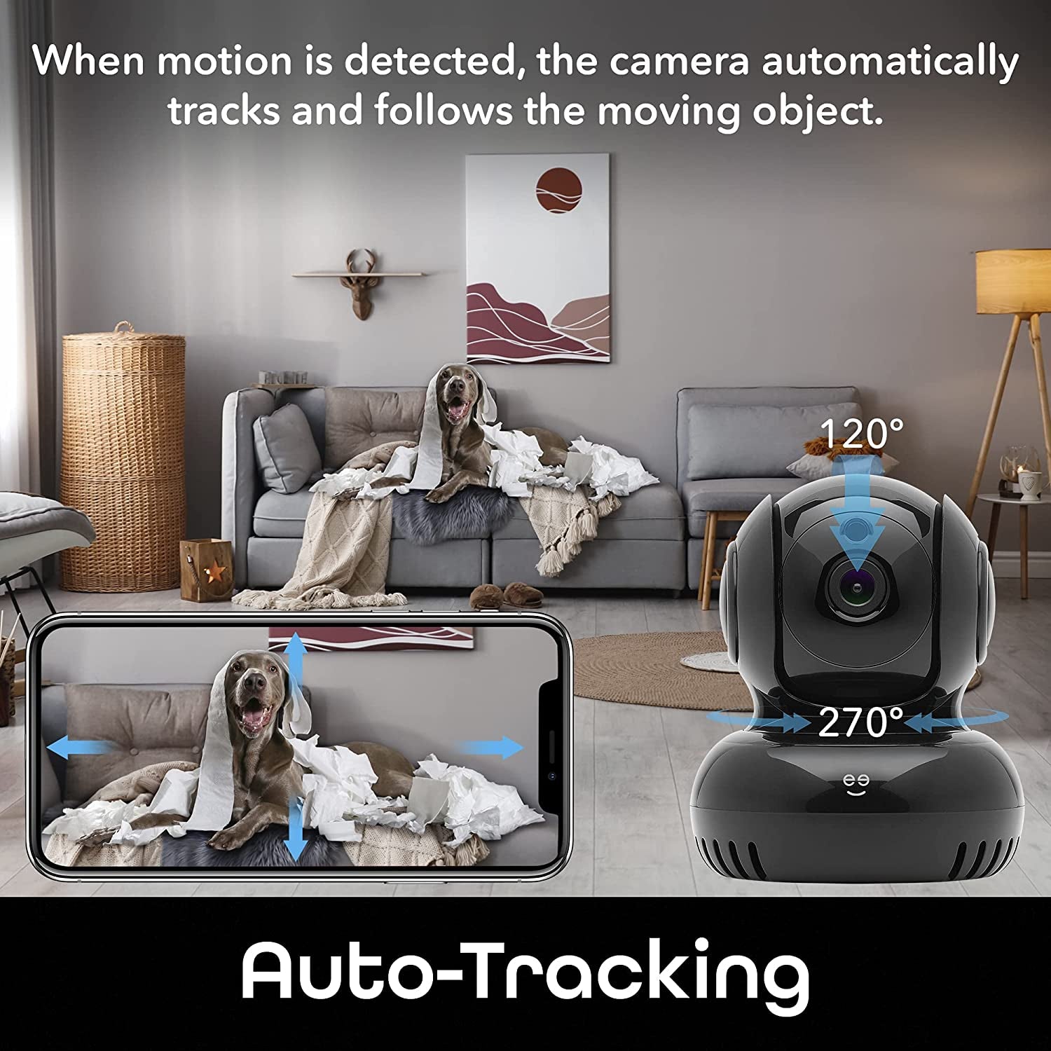 Black Wireless Indoor Surveillance Camera with Auto Tracking Alerts, Motion Zones, Pan/Tilt/Zoom, 2-Way Talk, Night Vision, Works with Alexa and Google Home, 1080P