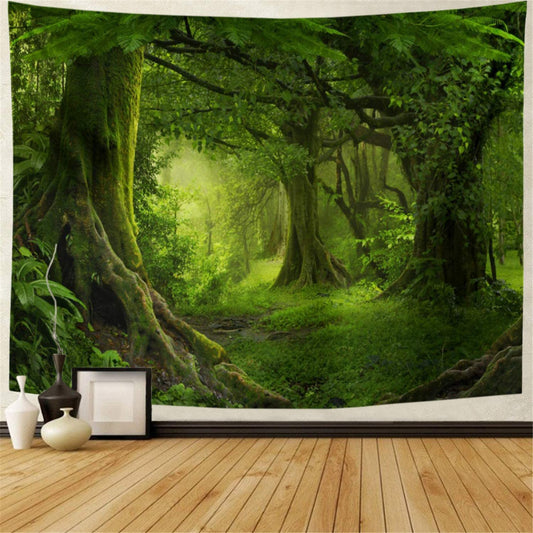 Virgin Forest Tapestry - Features Green Trees in Misty Forest - Nature Scenery Wall Hanging - Perfect for Living Room and Bedroom Decor.