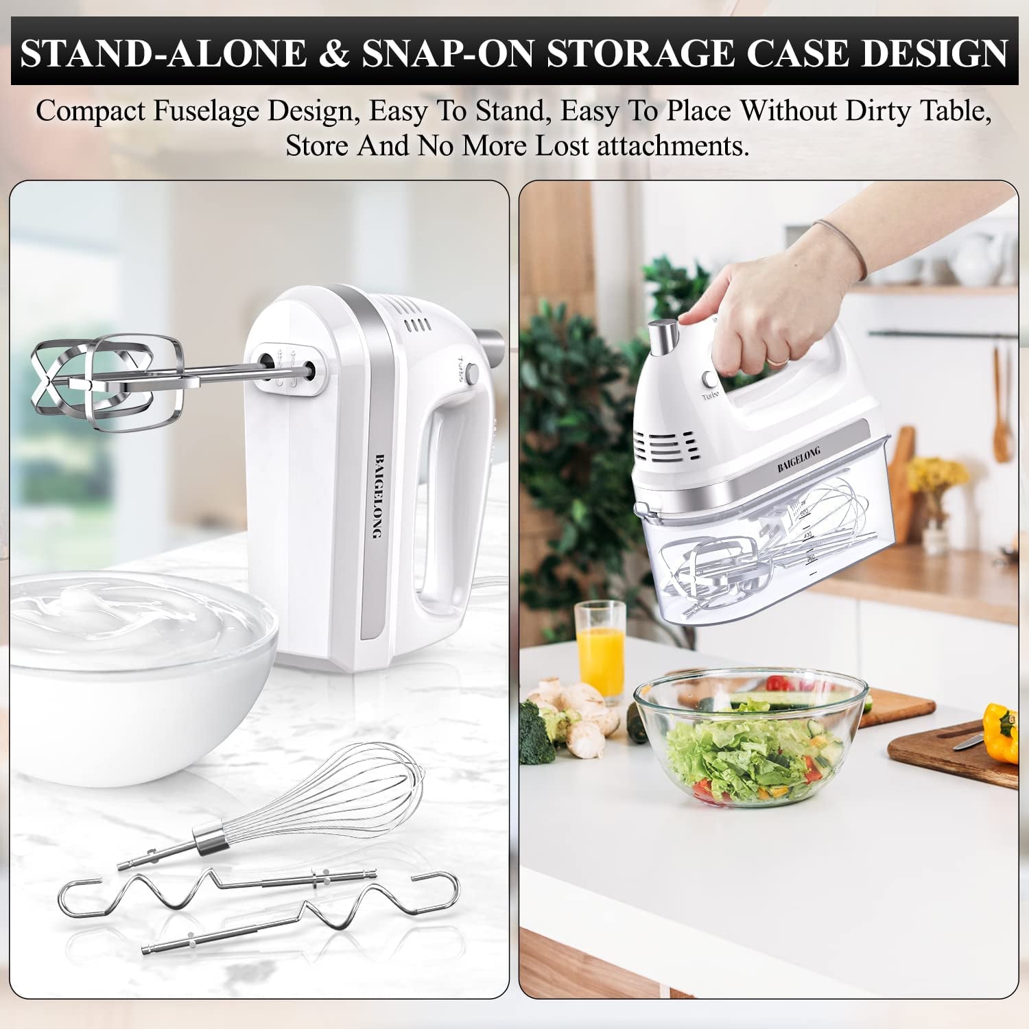 300W Ultra Power Electric Hand Mixer with 5 Self-Control Speeds + Turbo Boost - Includes 5 Stainless Steel Attachments for Baking - White Color