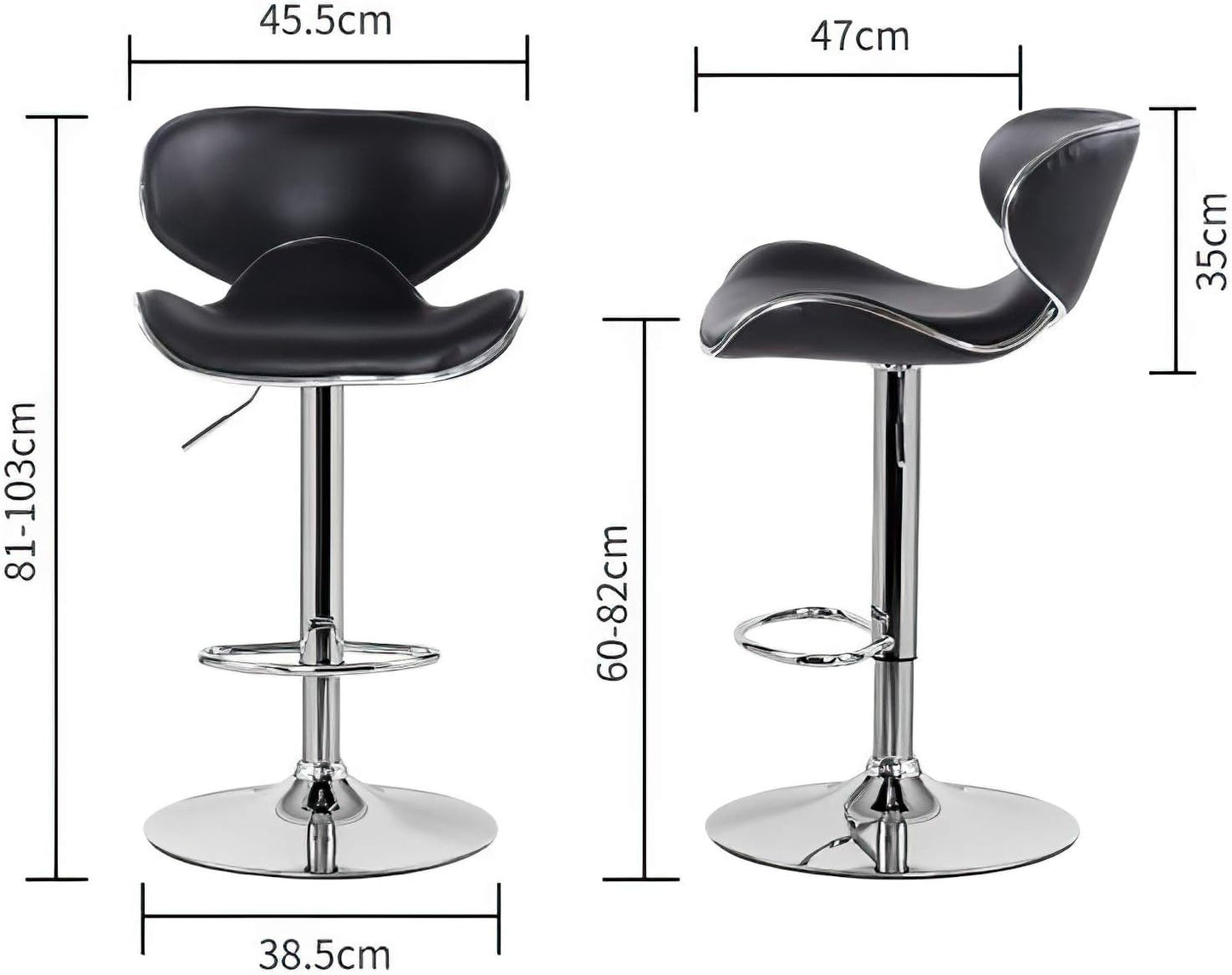 High Back 360-Degree Swivel Adjustable Quality Black PU Leather Bar Stool Pub Chair, with Backrest and Footrest/Back Foot Rest - Set of 2 (Black)