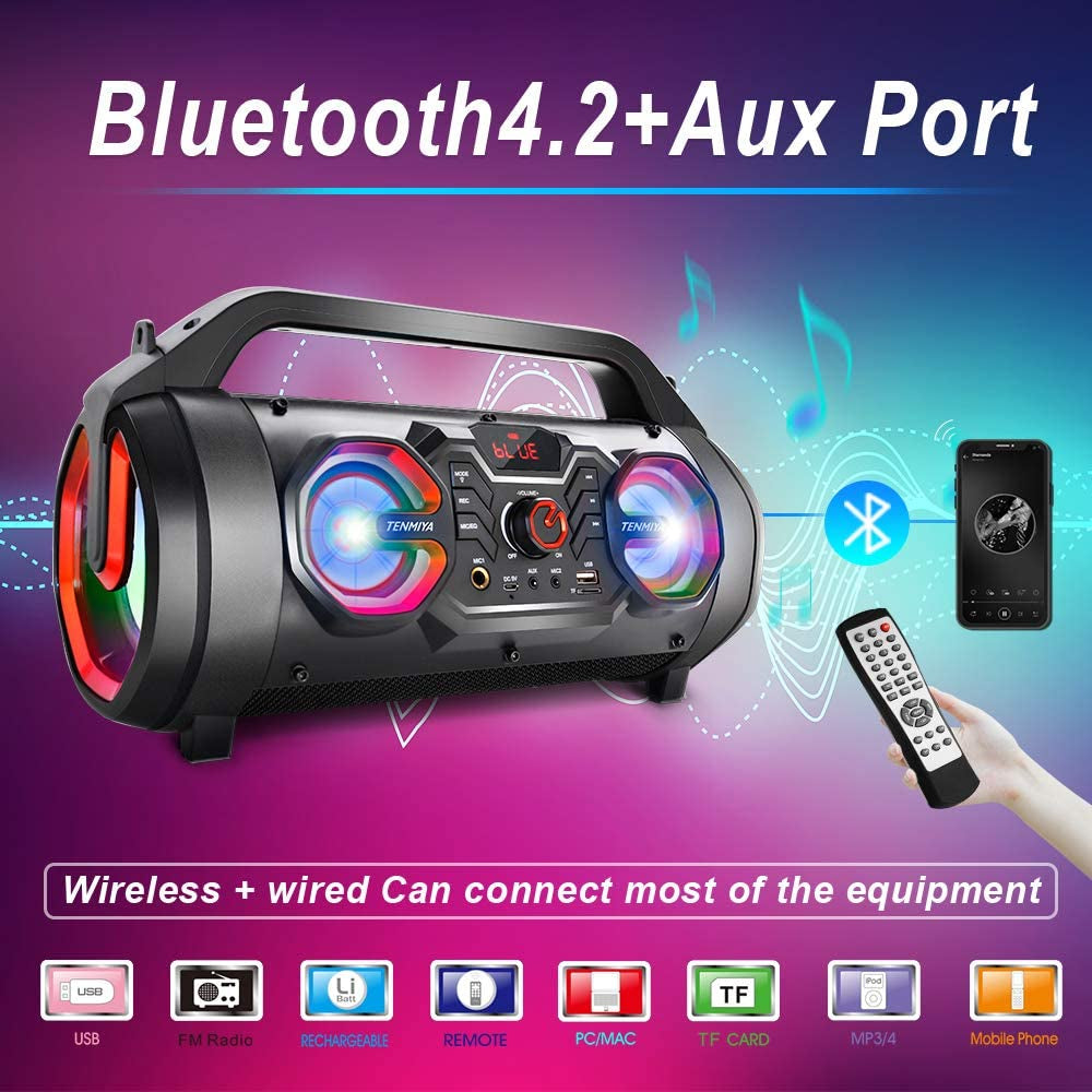 Bluetooth Speakers: 30W Portable Outdoor Boombox with Subwoofer, Colorful Lights, EQ, Stereo Sound, and Booming Bass. Enjoy 10H Playtime with this Wireless Speaker for Home Party, Camping, and Travel.