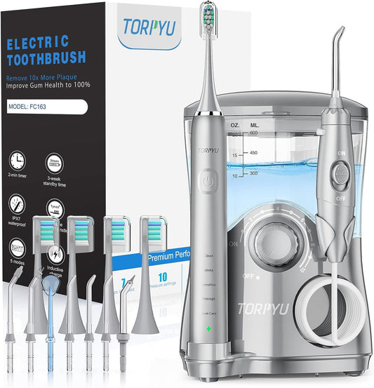 Water Flosser and Toothbrush Combo: 600ml Electric Water Toothbrush with 7 Jet Tips and 4 Brush Heads for Whitening Teeth, Gray Electric Flosser for Effective Teeth Cleaning.