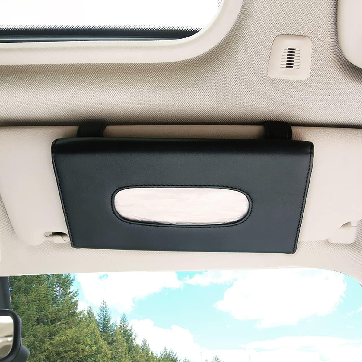 Car Tissue Holder: Premium PU Leather Car Napkin Holder for Visor and Backseat - Black