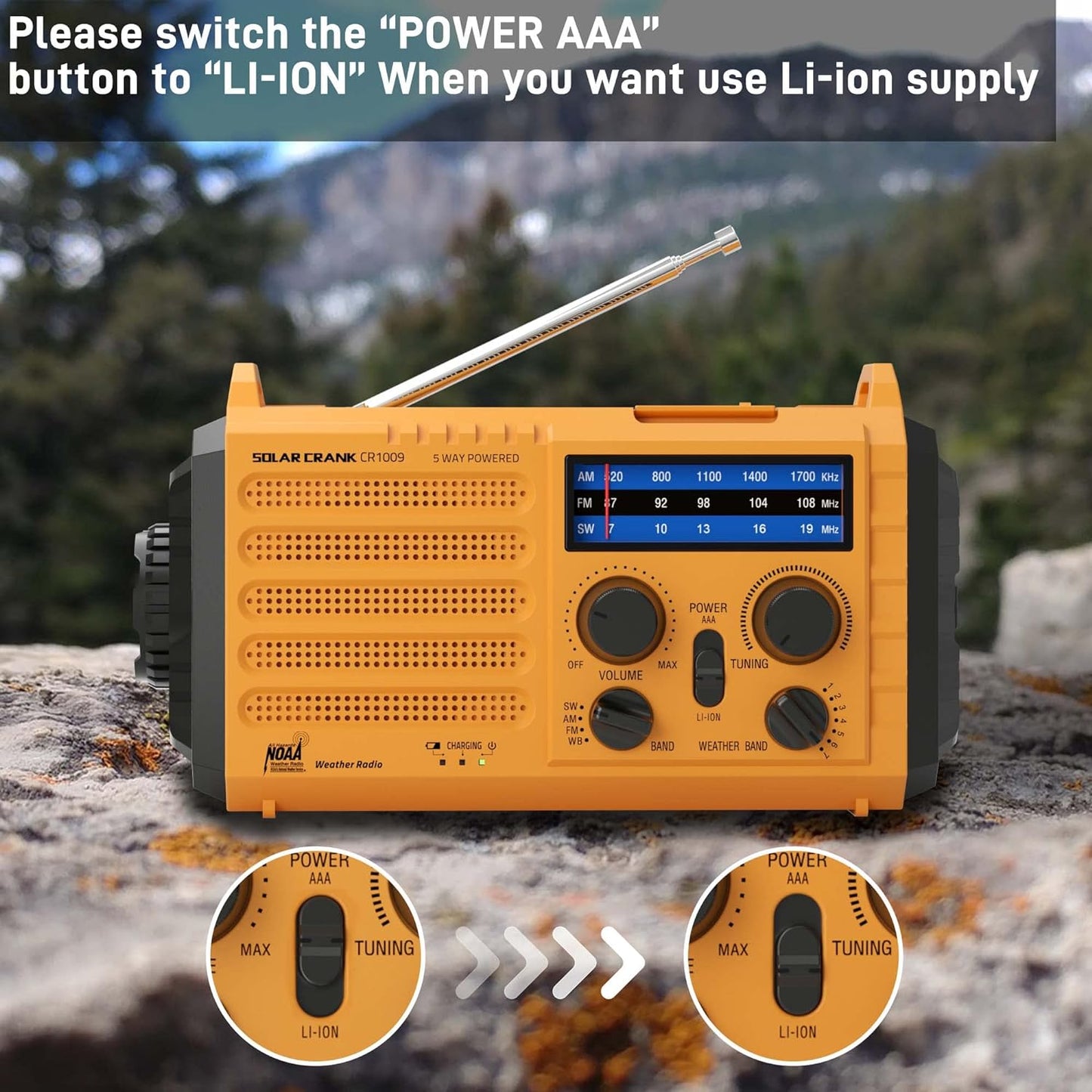 Portable AM/FM/NOAA Weather Radio with Solar Panel, Hand Crank, USB Charging, LED Flashlight, Reading Lamp, SOS, Compass - Ideal for Emergency Situations and Power Outages