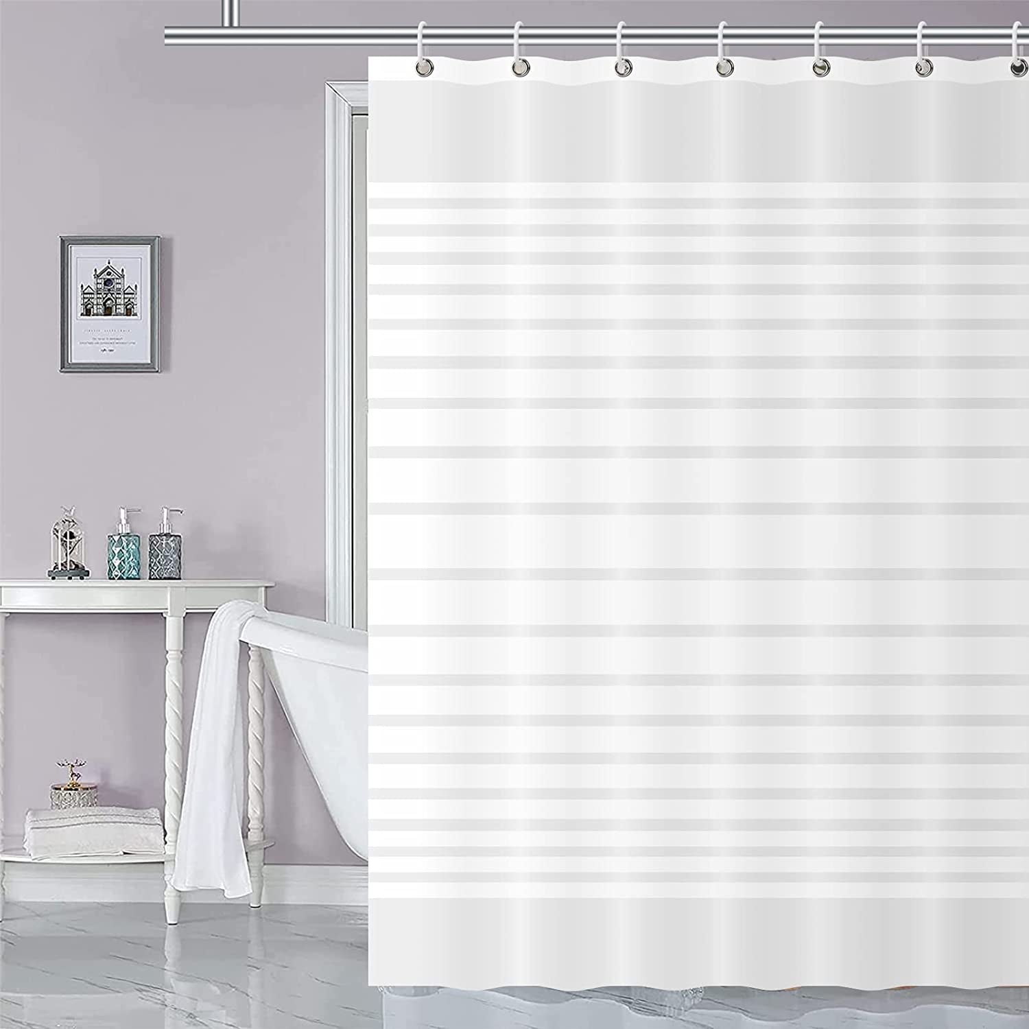 Mildew Resistant Shower Curtain Liner - Measures 72 x 72 Inch - Made of Heavy Duty Waterproof PEVA Material - Features Rust-Resistant Metal Grommets - Comes with 12 Plastic Hooks - Stripe Design - Ideal for Thick Bathroom Shower Curtain Liner.