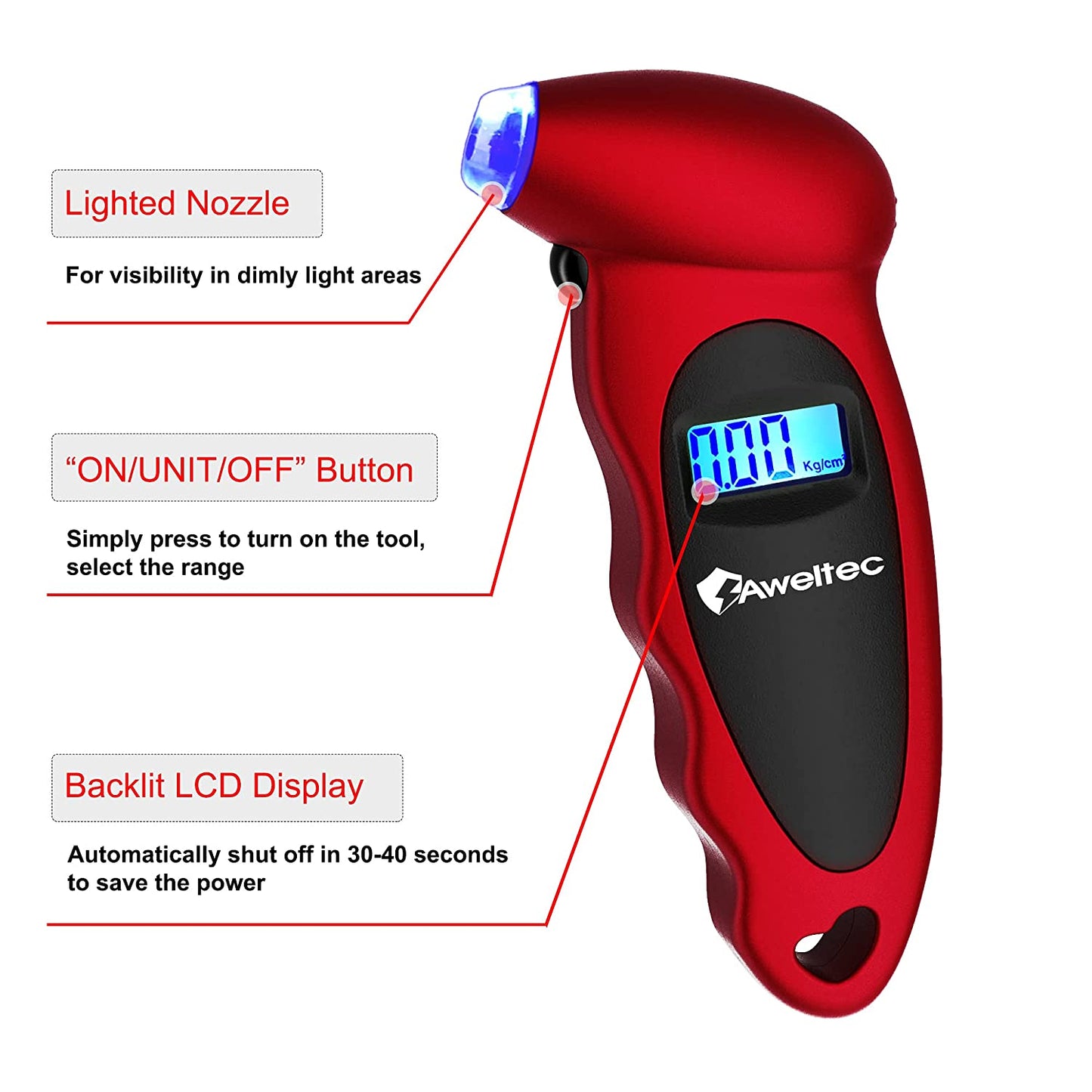 Set of 2 Digital Tire Pressure Gauges: 150 PSI, 4 Pressure Settings, Suitable for Cars, Trucks, Motorcycles, and Bicycles. Features Backlit LCD and Non-Slip Grip for Easy and Accurate Reading. Color: Red.