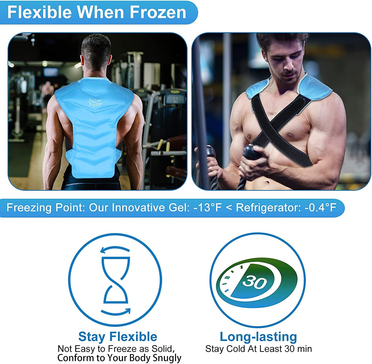Full Back and Shoulder Ice Pack Wrap with Straps - Cold Therapy for Rotator Cuff Injuries, Reusable Gel Packs for Effective Cold Compression and Pain Relief in the Entire Back and Shoulders - Enhanced with Soft Plush Lining