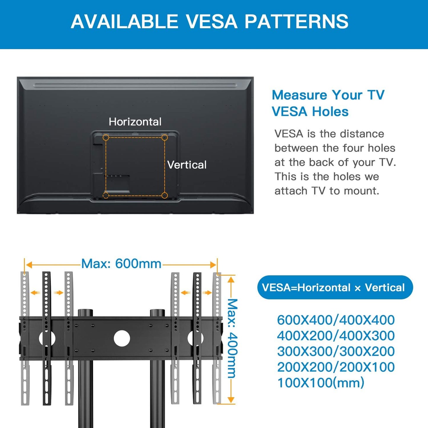 Mobile TV Cart with Wheels - Designed for 32-85 Inch LCD LED Plasma Flat Screen TVs - Height Adjustable Rolling TV Stand - Can Hold up to 132 lbs - Features a Floor Stand with Tray - Maximum VESA Compatibility: 600x400mm.