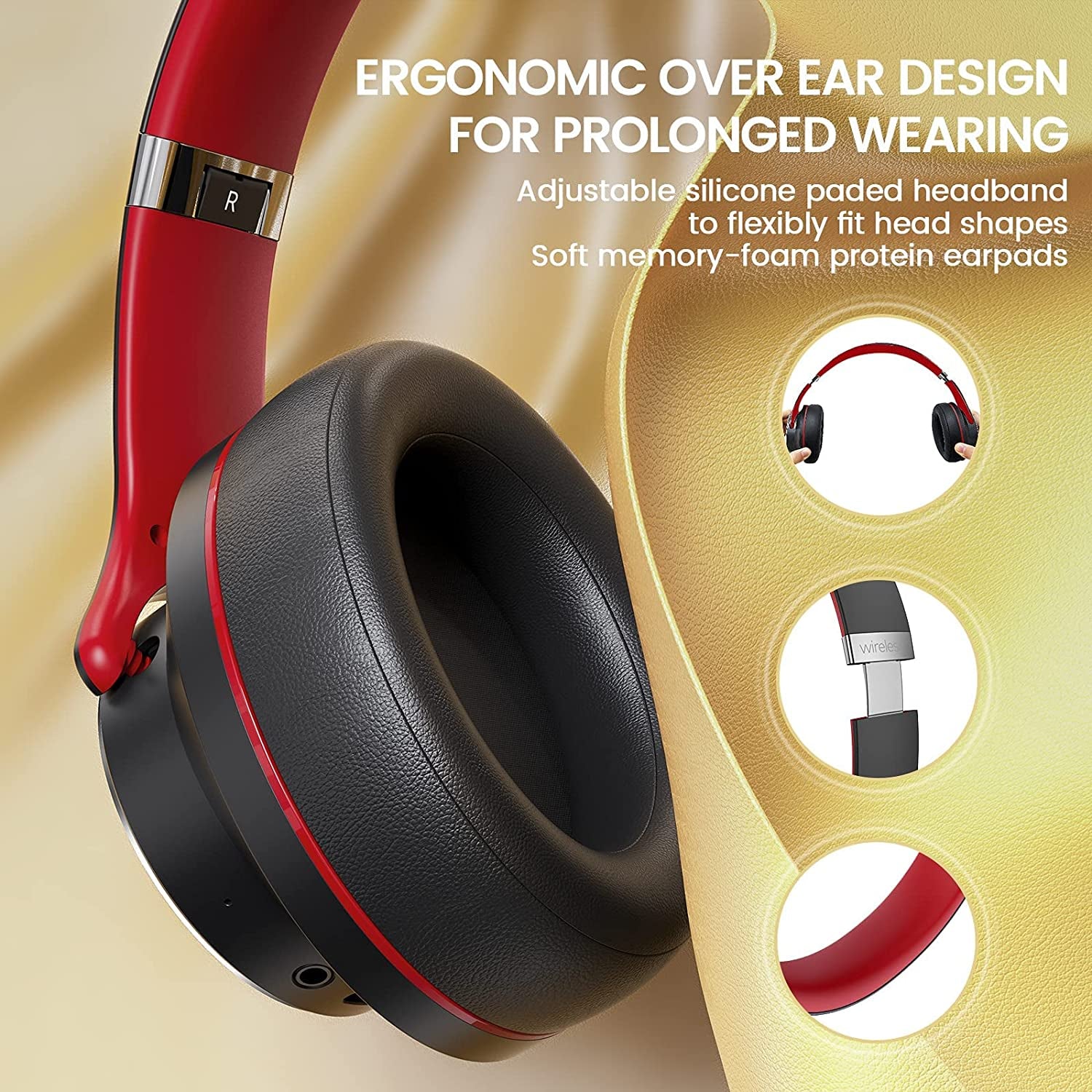 Wireless Headphones with Extended Playtime, Bluetooth Headphones with Multiple EQ Modes, High-Fidelity Over-Ear Headphones with Mic and Comfortable Earpads for Cellphone/TV/PC/Laptop (Black-Red)