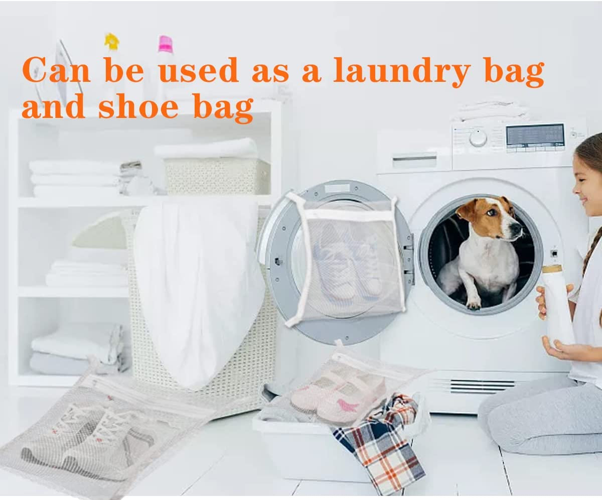 Sneaker Drying & Washing Machine Bag - Designed for Shoes, Clothing, and Laundry. Features an Elastic Strap Adjuster for Easy Installation on Most Dryer Machine Doors in the Laundry Room. Dimensions: 15.7 x 15.7 Inches.