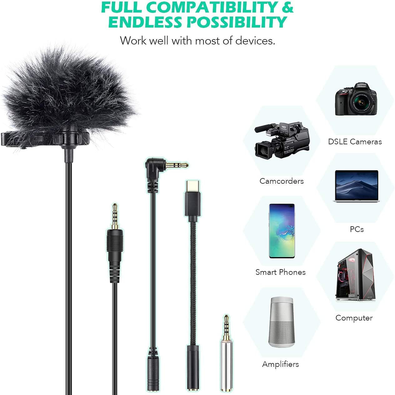 Lapel Microphone Set - Omnidirectional Condenser Mic, Multiple Adapters, Wind Muff. Clip-on Mini Mic for Camera, DSLR, iPhone, Android, PC, Interviews, Podcasts.