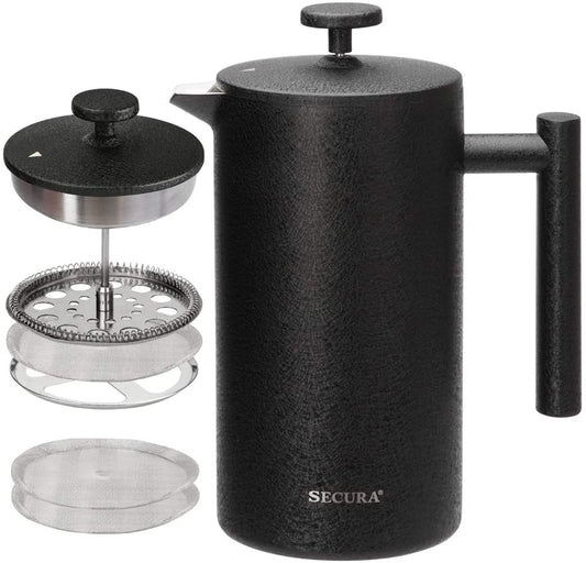 34oz (1 Litre) French Press Coffee Maker, 304 Grade Stainless Steel Insulated Coffee Press with 2 Additional Screens, Black