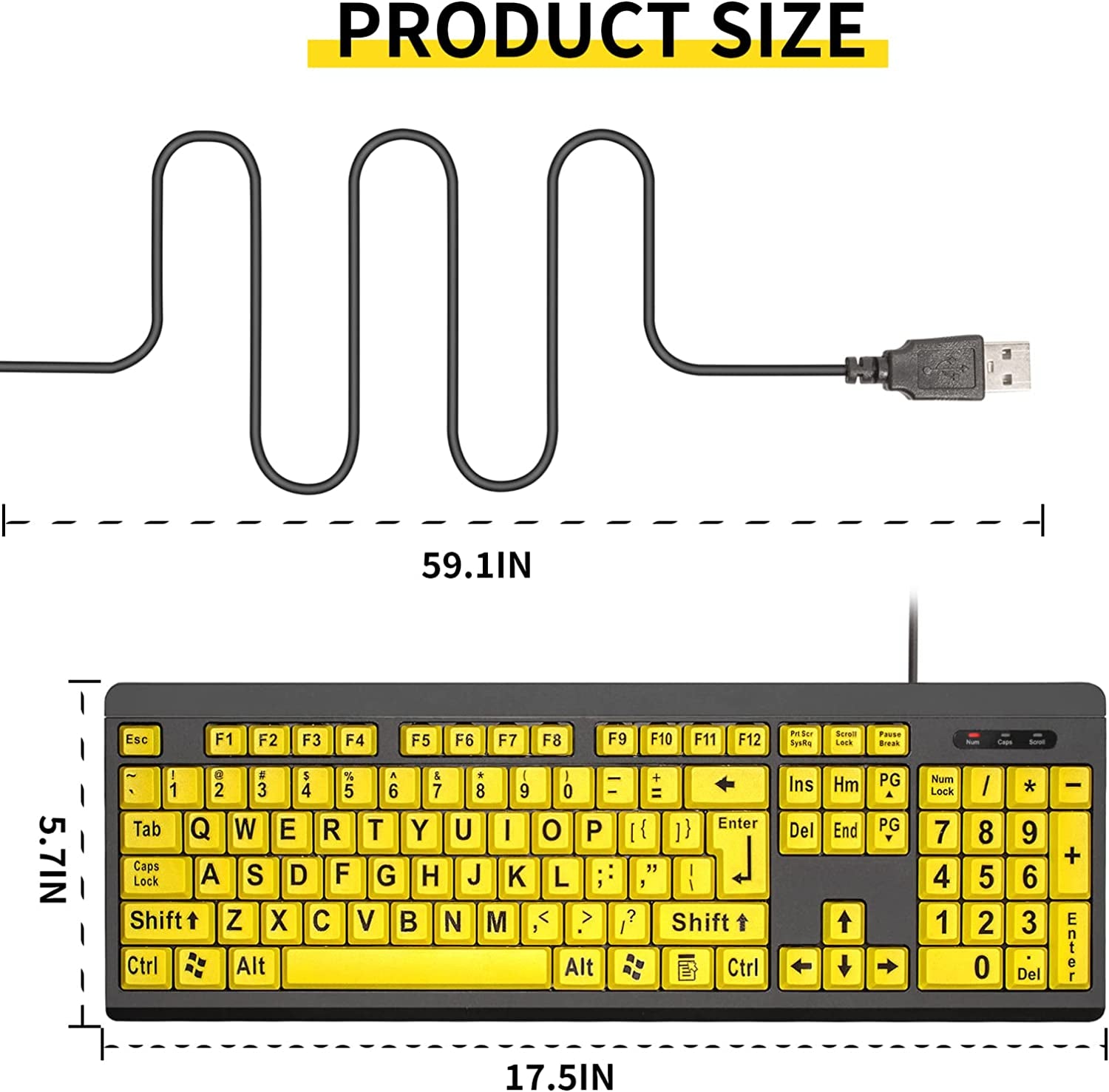 Large Print Computer Keyboard: Wired USB High Contrast Keyboard for Visually Impaired, Seniors, Students, and Computer Beginners