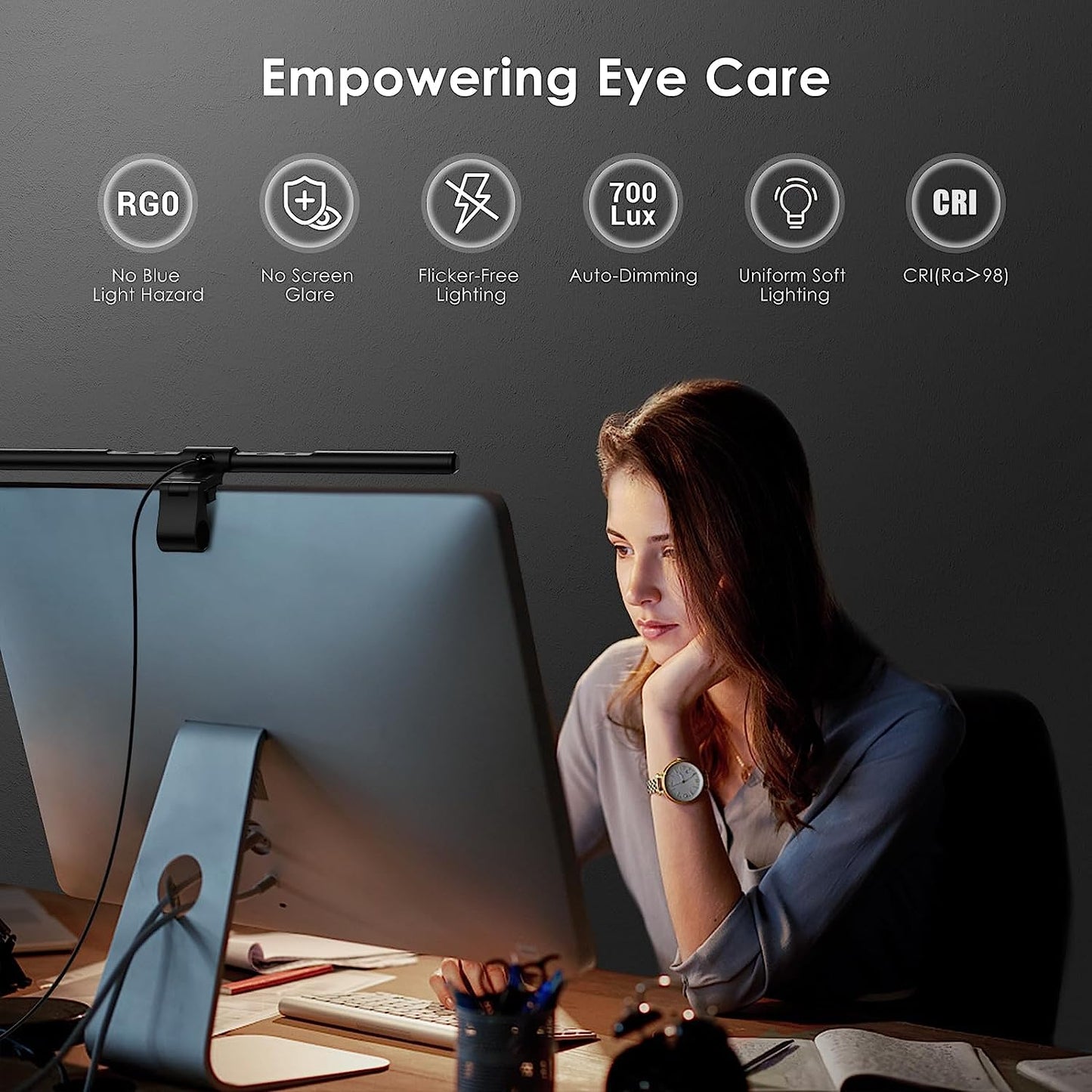 Computer Monitor Lamp - E-Reading LED Task Lamp with Auto-Dimming & Adjustable Brightness for Home Office, Eye-Friendly Screen Lamp with Touch Control for Reduced Glare