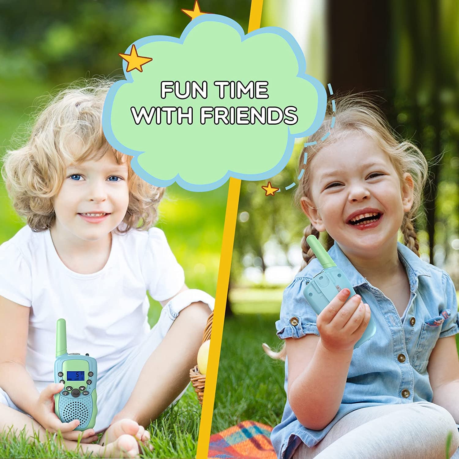 2-Pack of Rechargeable Walkie Talkies for Kids - These Kid Walkie Talkies offer a 3 KM Range, 22 Channels, and come with a Flashlight. They make excellent Birthday Gifts for Boys and Girls aged 3-8 years old.