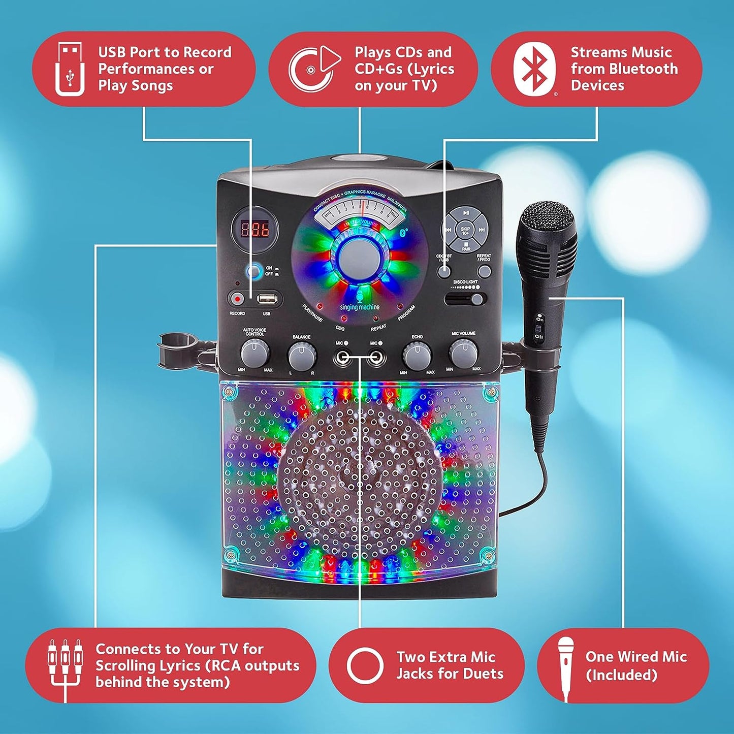 Bluetooth Karaoke System with LED Disco Lights, CD+G, USB, and Microphone, Black