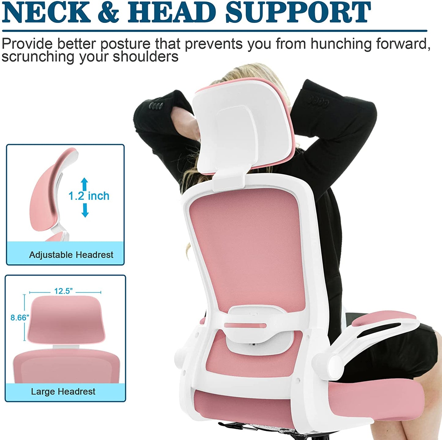 High Back Ergonomic Office Chair: This desk chair features Adjustable Lumbar Support and a Headrest flip-up Armrests