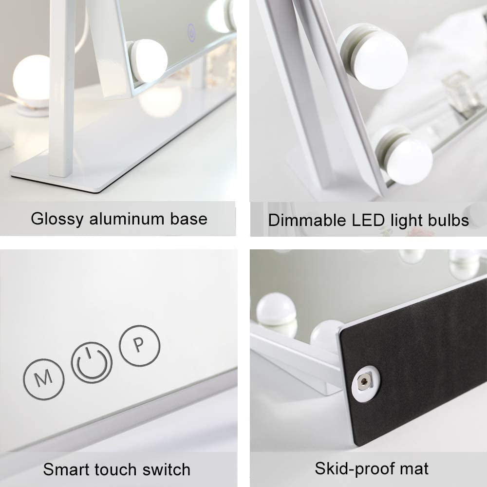 Hollywood-style Lighted Makeup Mirror - Vanity Mirror with Smart Touch Control - Features 3 Dimmable Light Colors - Includes Detachable 10X Magnification - Offers 360° Rotation - Elegant White Design.