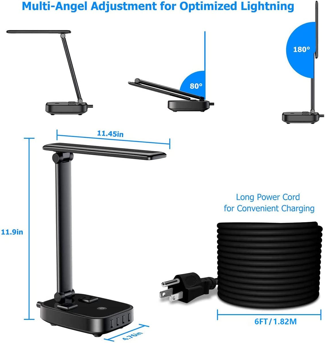 Desk Lamp with AC Outlet, USB Charging Port, Touch Control, 3 Brightness Levels, Foldable LED Desk Lamp for Space-Saving, Eye-Caring Study Lamp for Home Office (Includes Plug)