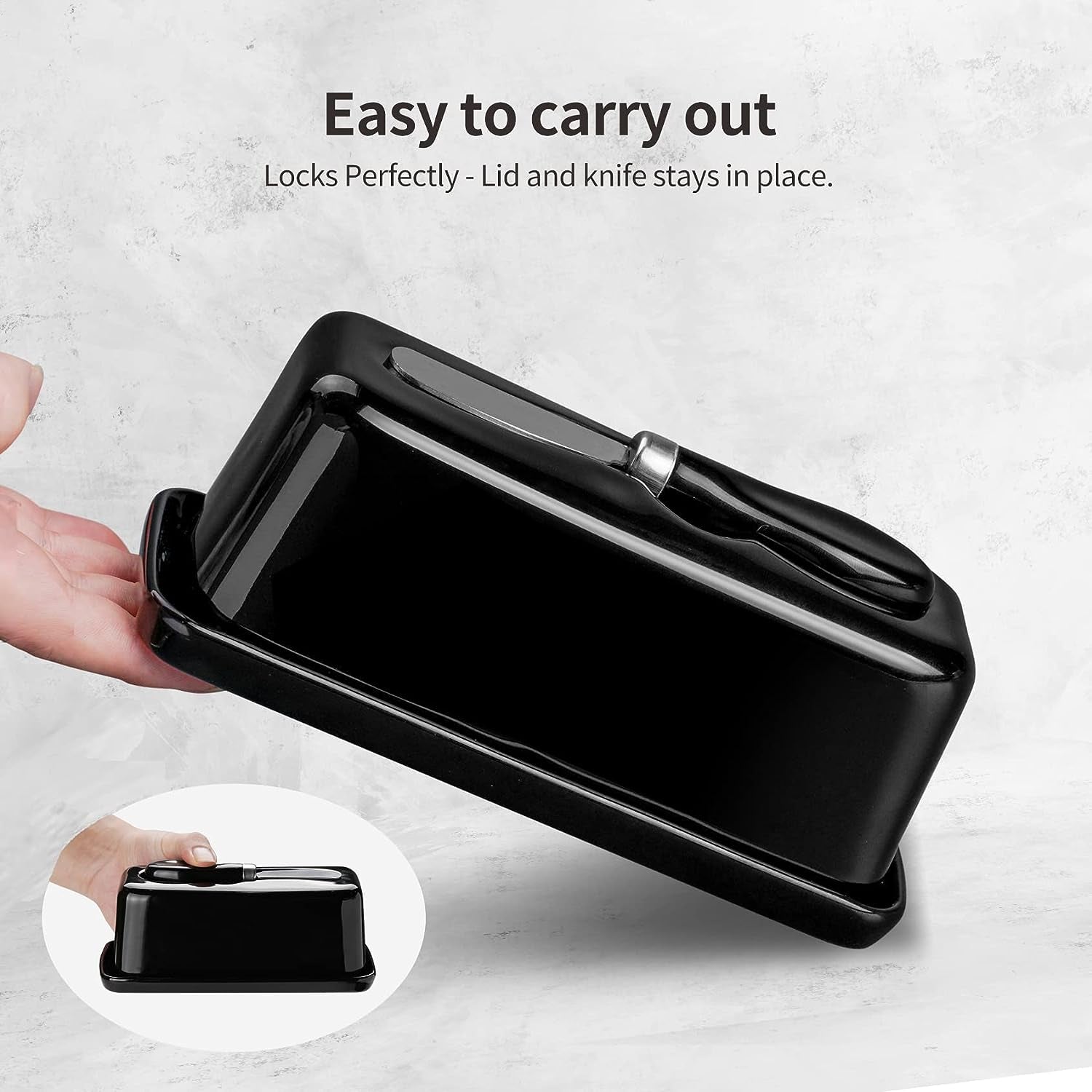 Black Porcelain Butter Dish with Lid and Knife - Includes Serving Tray with Anti-Slip Strip. This Butter Keeper is Ideal for Kitchen Decor and Fits East/West Coast Butter. It's Dishwasher Safe for Easy Cleaning.