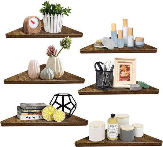 Pack of 6 Rustic Wood Corner Wall Shelves - Designed for Home, Kitchen, Bedroom, Living Room, Office, and Nursery - Adds Functional and Decorative Storage.