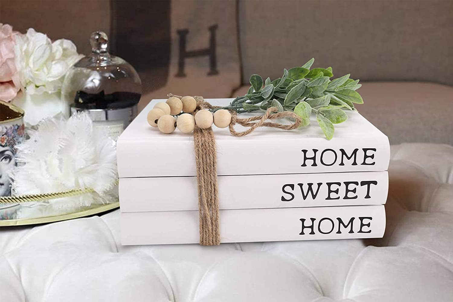 Set of 3 Decorative White Hardcover Books - These Farmhouse Stacked Books are perfect for decorating coffee tables and shelves. They spell out "Home Sweet Home" and add a charming touch to your decor.
