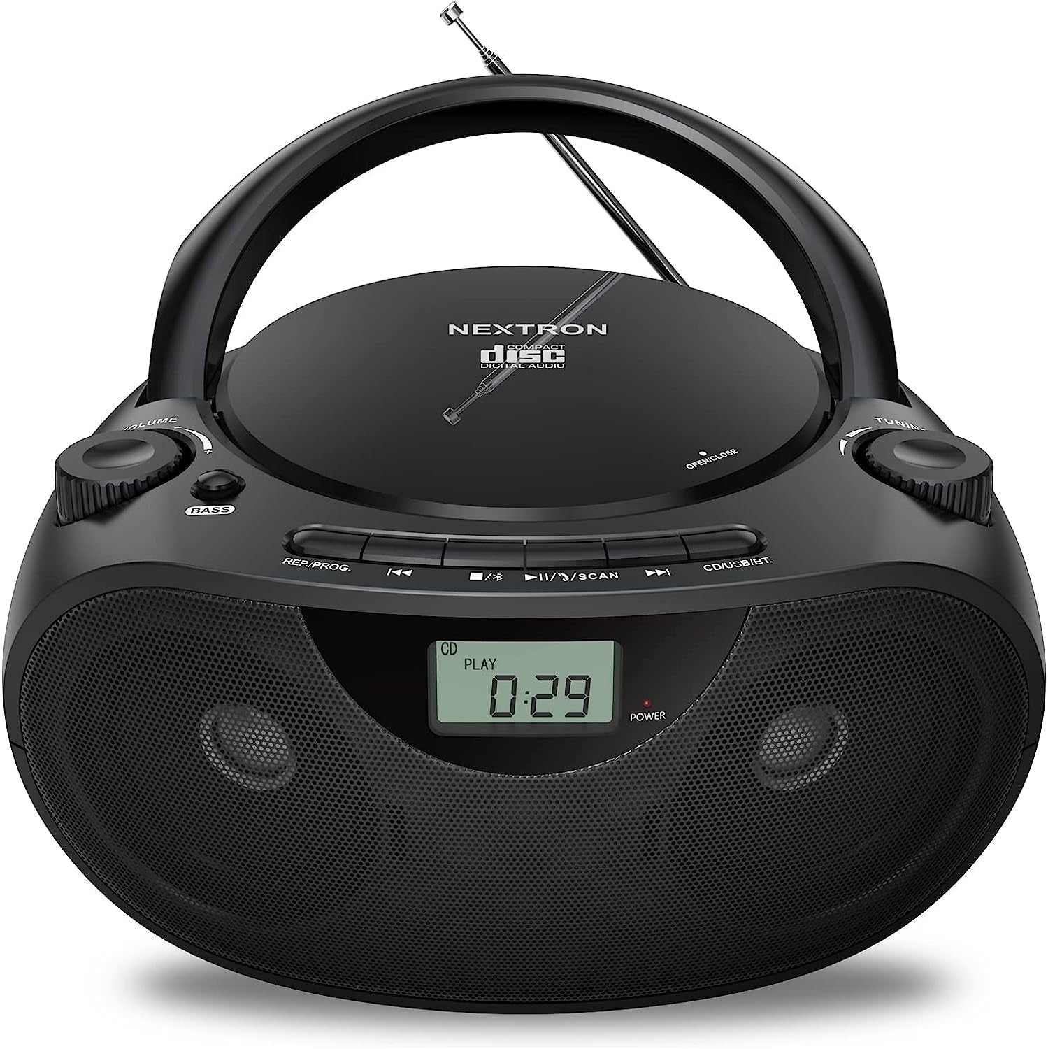 Portable Stereo CD Player Boombox - AM/FM Radio, Bluetooth, USB, AUX-in, Headphone Jack, CD-R/RW and MP3 CDs Compatible - Clear Sound with Bass Boost - AC/Battery Operated (Black)