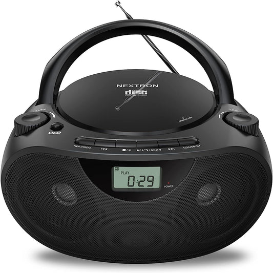 Portable Stereo CD Player Boombox - AM/FM Radio, Bluetooth, USB, AUX-in, Headphone Jack, CD-R/RW and MP3 CDs Compatible - Clear Sound with Bass Boost - AC/Battery Operated (Black)