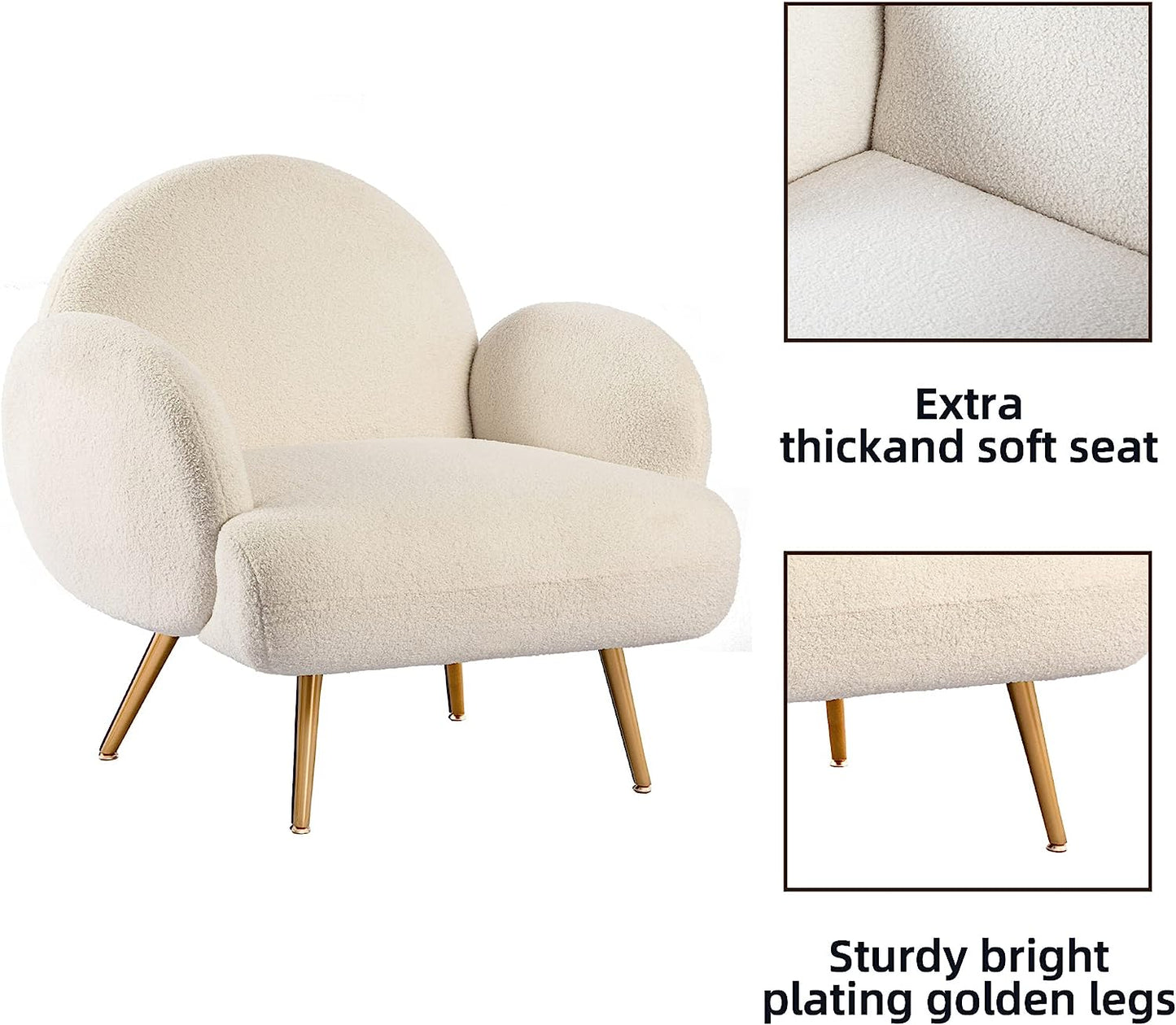 White Accent Sherpa Chair - Comfy Modern Armchair with Golden Metal Legs Mid-Century Sofa Chair