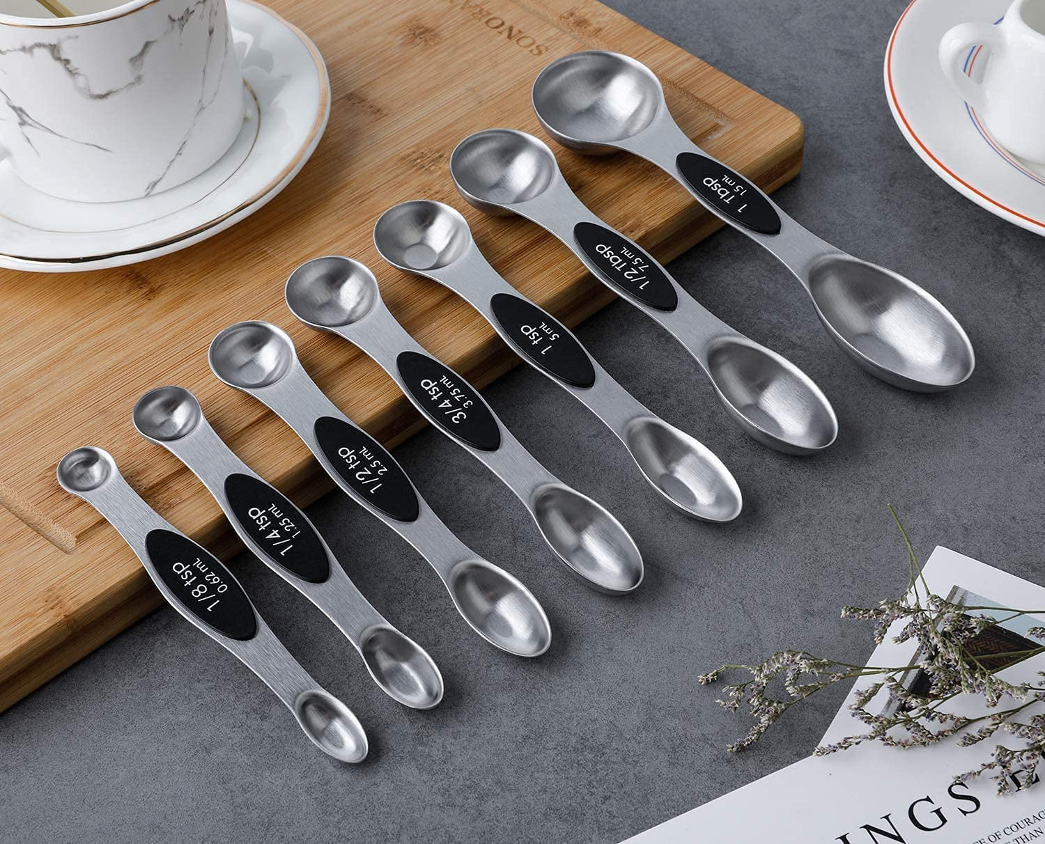 Set of 7 Dual-Sided Stainless Steel Magnetic Measuring Spoons - Teaspoon and Tablespoon Sizes for Accurate Measurement of Dry and Liquid Ingredients