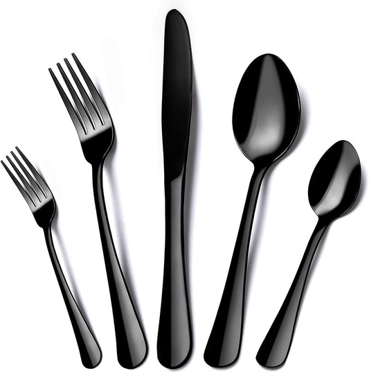 20-Piece Black Silverware Set: Flatware Set for 4, including Stainless Steel Cutlery with Knife, Fork, and Spoon. Modern Tableware with Mirror Polished Finish, suitable for Home, Restaurant, and Parties.