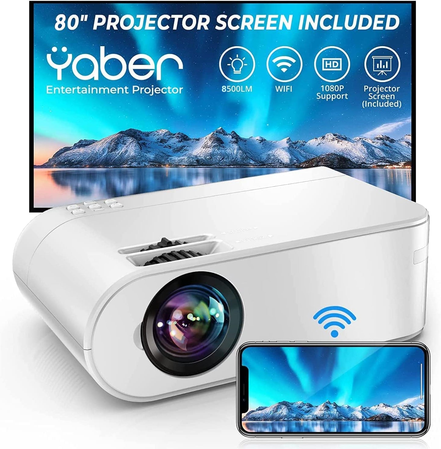 Portable Mini WiFi Projector - Includes Projector Screen, Supports 8500L Brightness and 1080P Full HD. Features Zoom and 250" Display for Outdoor Projection. Perfect Home Movie Projector compatible with Phone, TV Stick, HDMI, PS, USB, VGA, SD, and more.