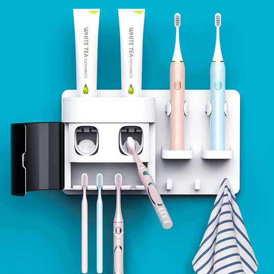 Wall-Mounted Toothbrush Holders with Double Automatic Toothpaste Dispenser, Dust-Proof Cover, 2 Toothpaste Squeezers, 2 Electric Toothbrush Holders, and 4 Toothbrush Organizer Slots.