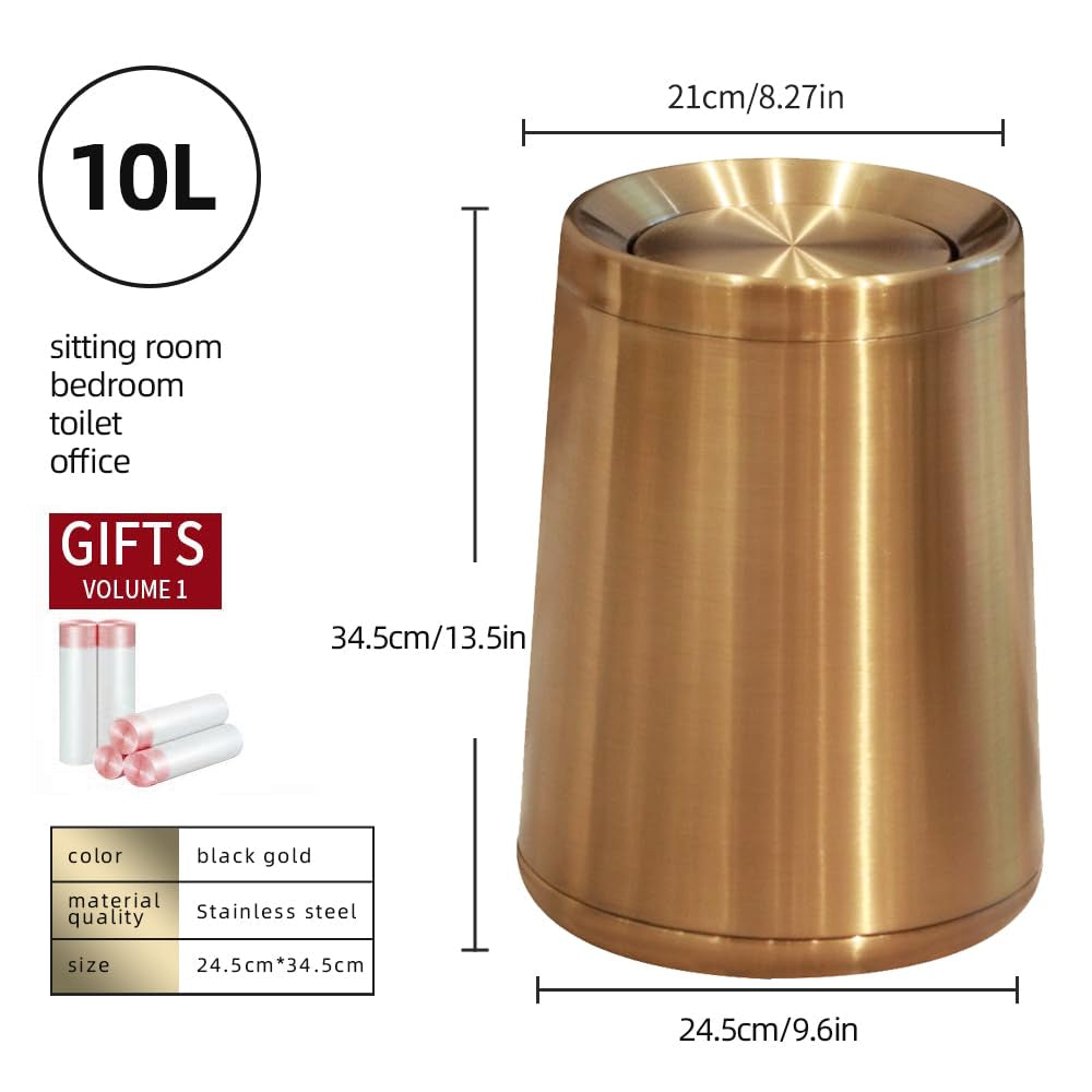 10 L/2.6Gallen,Swing Lid Gold Brass Trash Can- Flipping Lid,  Brushed Stainless Steel Garbage Can, for Bathroom, Kitchen,Living Room,Bedroom,Hotel (Rose Gold)