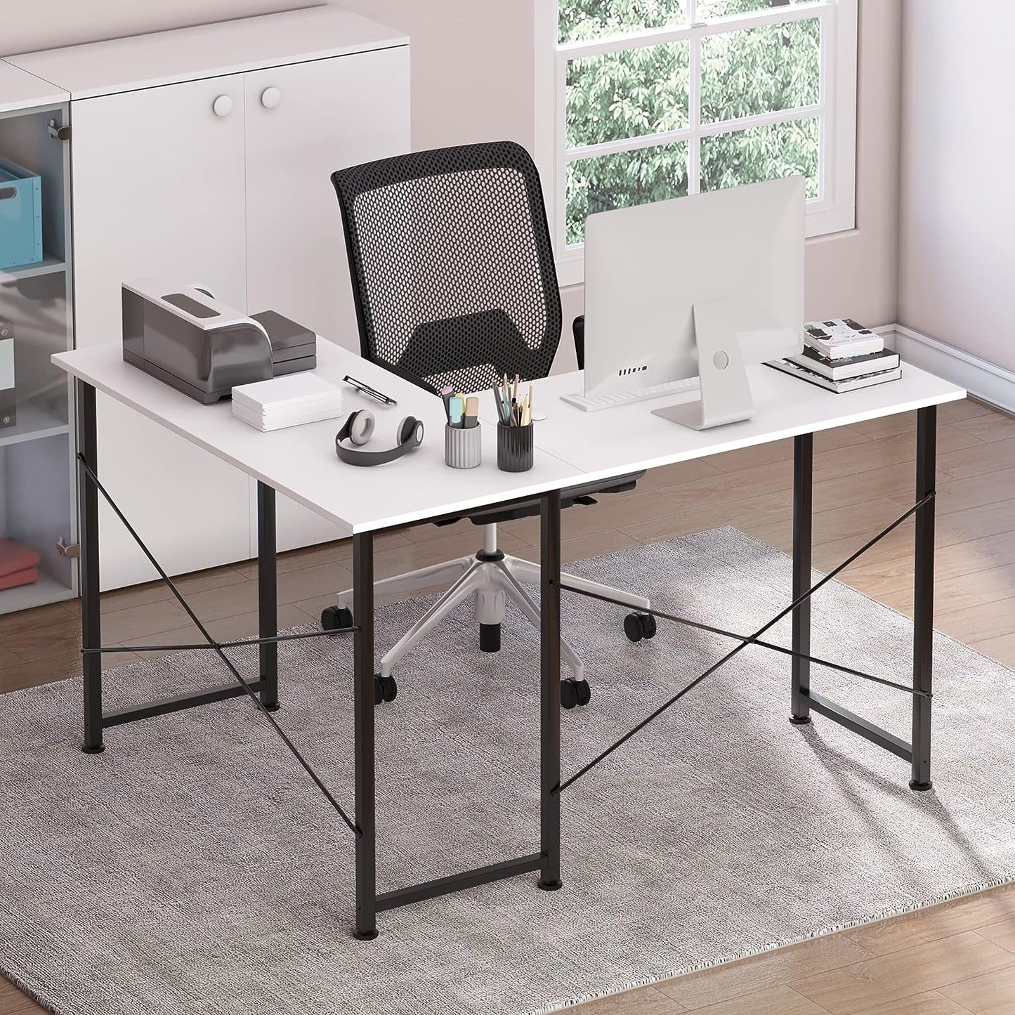 L-Shaped Computer Desk: 49.6 Inch Corner Desk with X-Shaped Metal Frame. Ideal Gaming and Writing Desk for Home Office in White