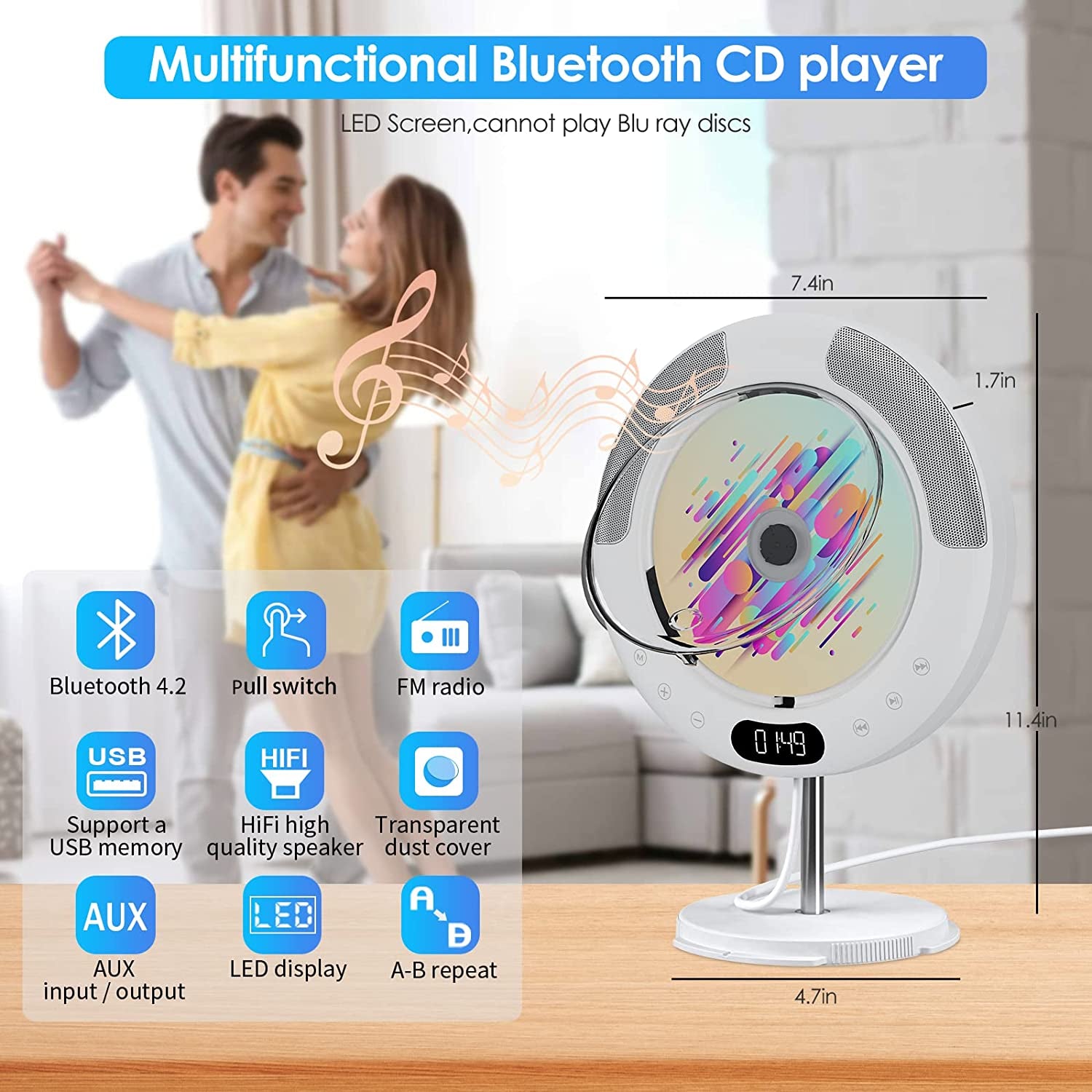 Portable Bluetooth CD Player - Wall Mountable for Home and Suitable for Car Use. This Desktop Music Player features Remote Control, Built-in HiFi Speakers, an LED Screen, FM Radio, and AUX Input/Output capabilities.