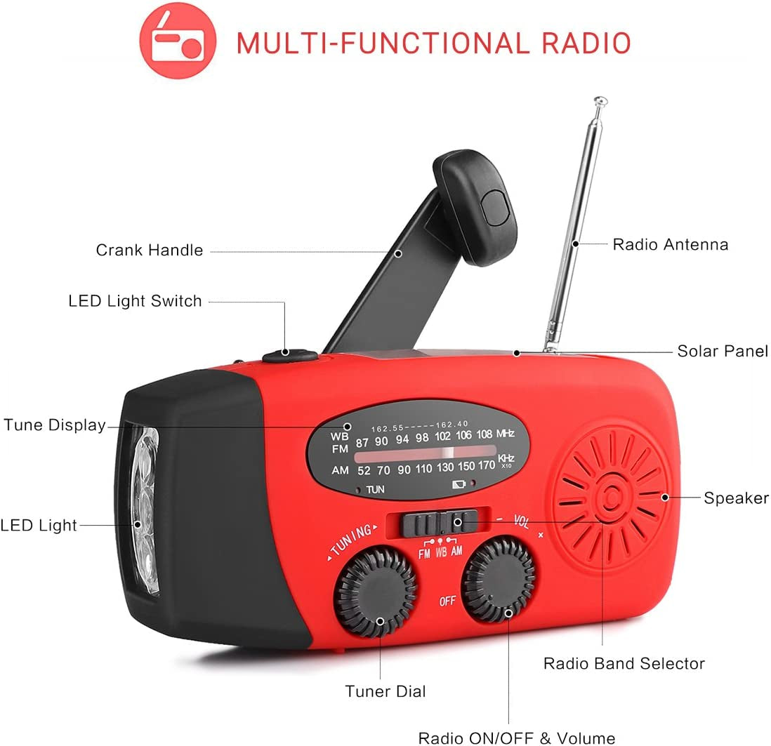 Solar Powered Hand Crank Emergency Weather Radio: Features FM/AM/NOAA Radio, 3-LED Flashlight, and 2000mAh Power Bank for Smartphones - A Must-Have for Emergency Situations.