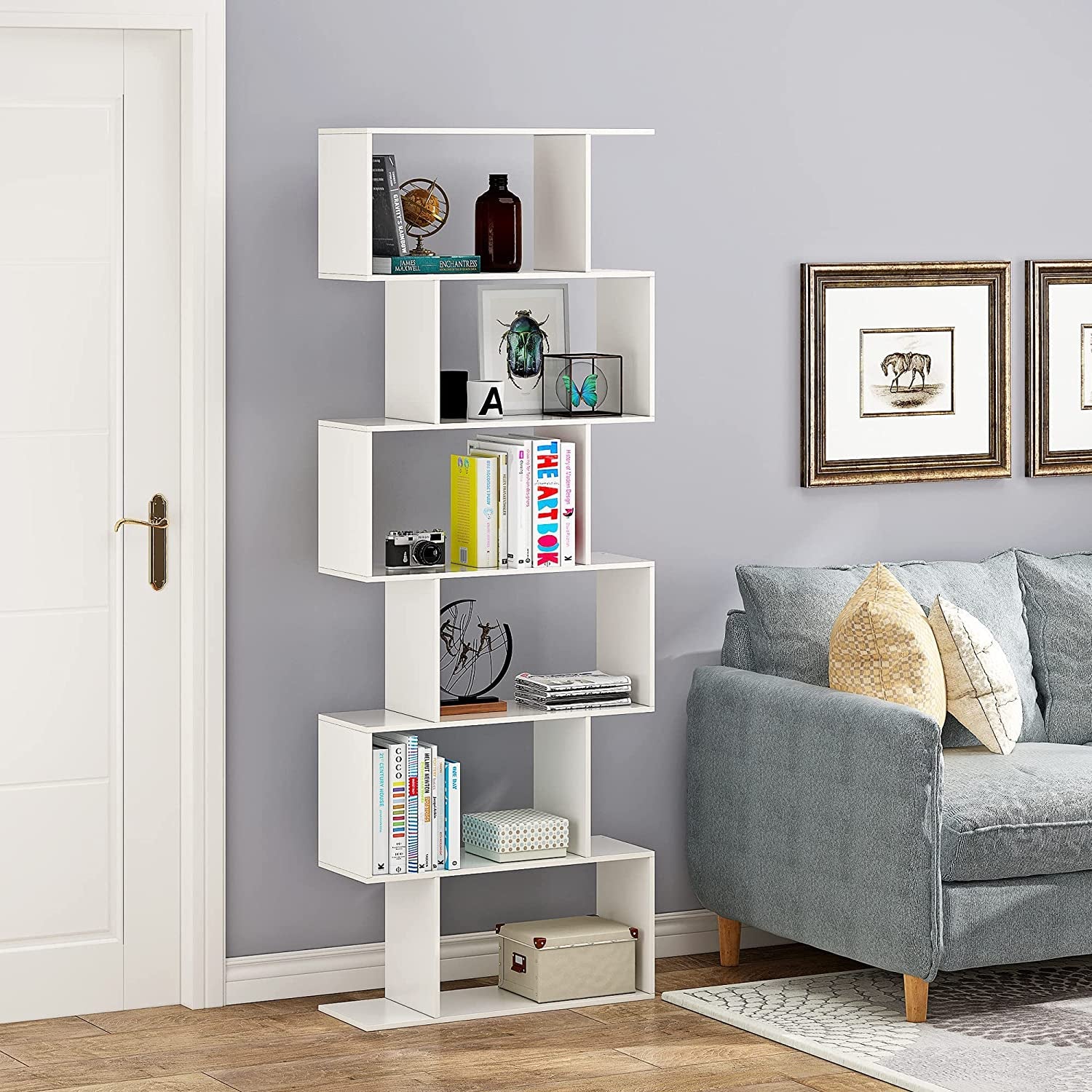 6-Tier Wooden S-Shaped Bookshelf in White - Ideal for Living Room, Bedroom, and Study Room Display.