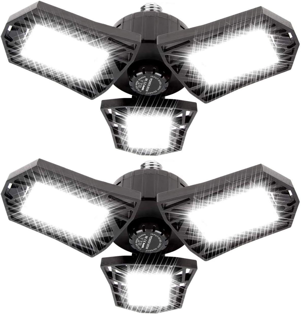 LED Garage Ceiling Light - 6000 Lumen 6500K Daylight 60W, Three Leaf Garage Lighting - Pack of 2