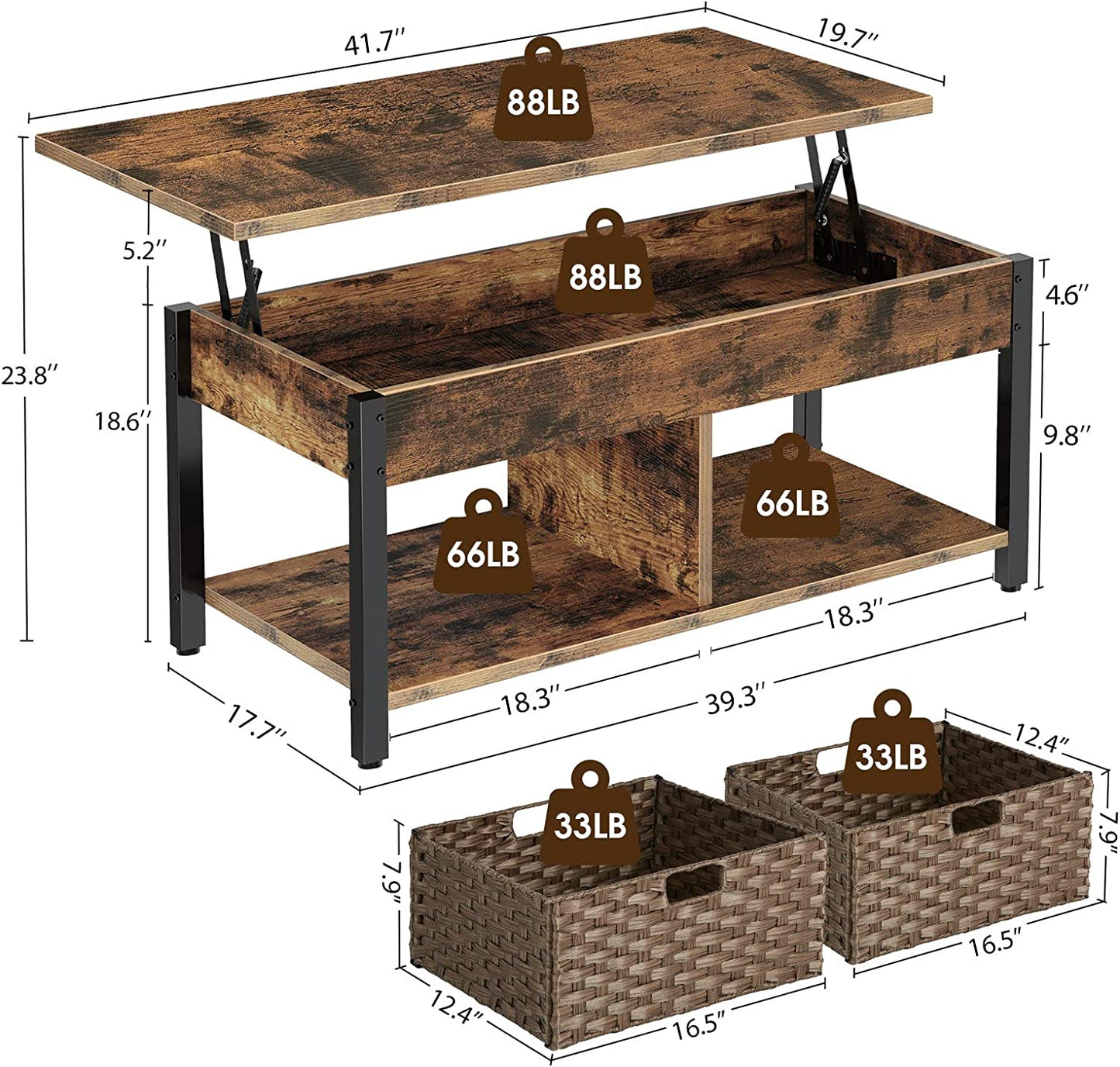  Retro Coffee Table with Lift Top, Hidden Storage Compartment, and Rattan Baskets - Wooden Lift Tabletop and Metal Frame - Rustic Brown - Ideal for Living Room