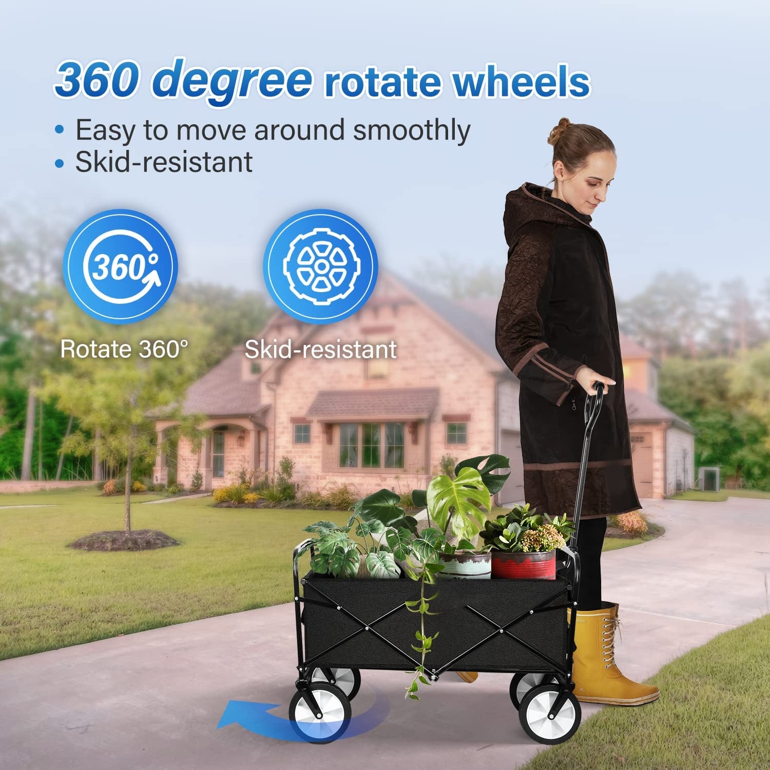 Wagon Rolling Collapsible  360 Swivel Wheels -Garden Cart, Outdoor Camping Folding Wagon Utility, Garden Shopping Cart - Adjustable Handle, 220lbs Weight Capacity -  Black