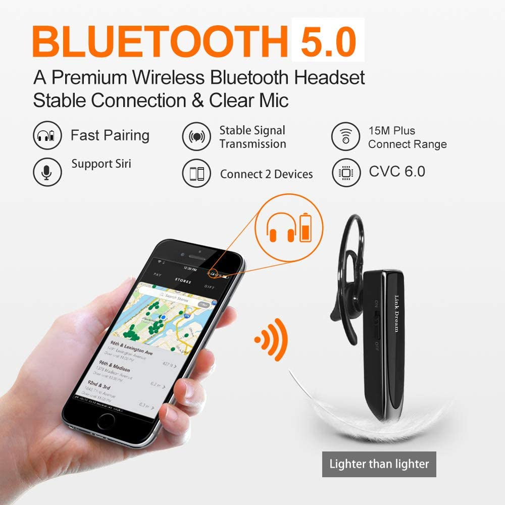 Wireless Bluetooth Headset with Noise Cancelling In-Ear Earbuds - 1440 Hours Standby Time for Business, Office, and Driving - Compatible with iPhone/Android/Samsung Cellphone (Black)