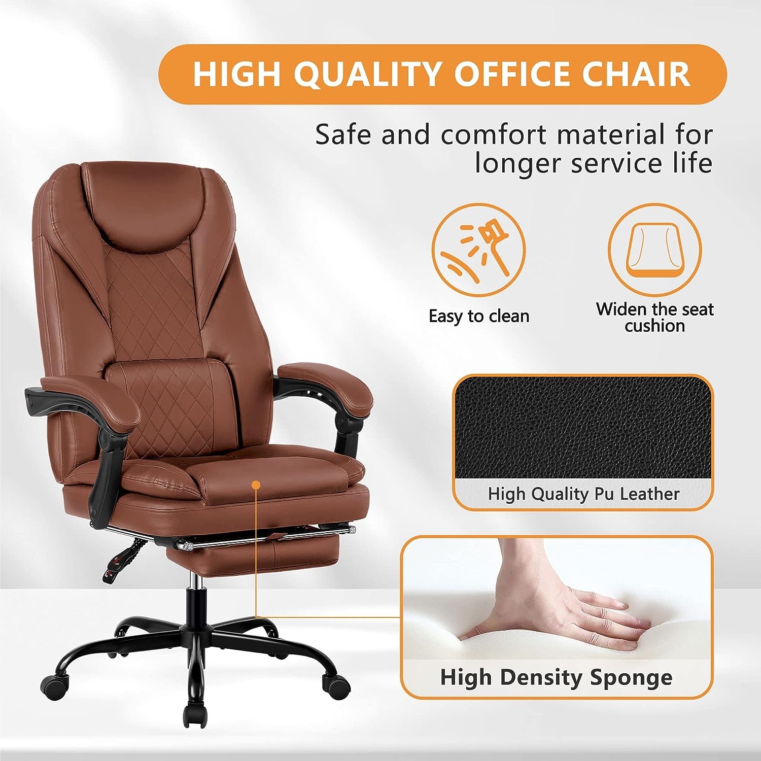 Executive Office Chair - Big and Tall Reclining Leather Chair with Foot Rest, High Back, Lumbar Support, and Ergonomic Design for Home Office - Brown