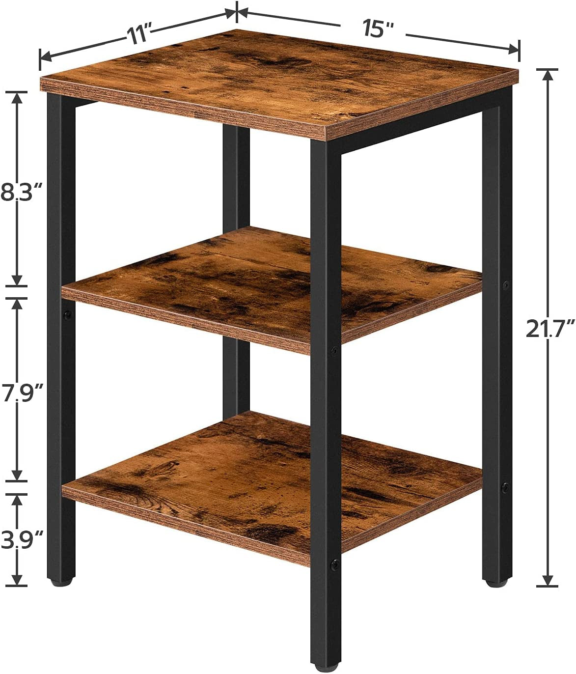 Industrial End Table with 3-Layer Shelves, Rustic Brown - Easy Assembly, Ideal for Small Spaces and Living Room 