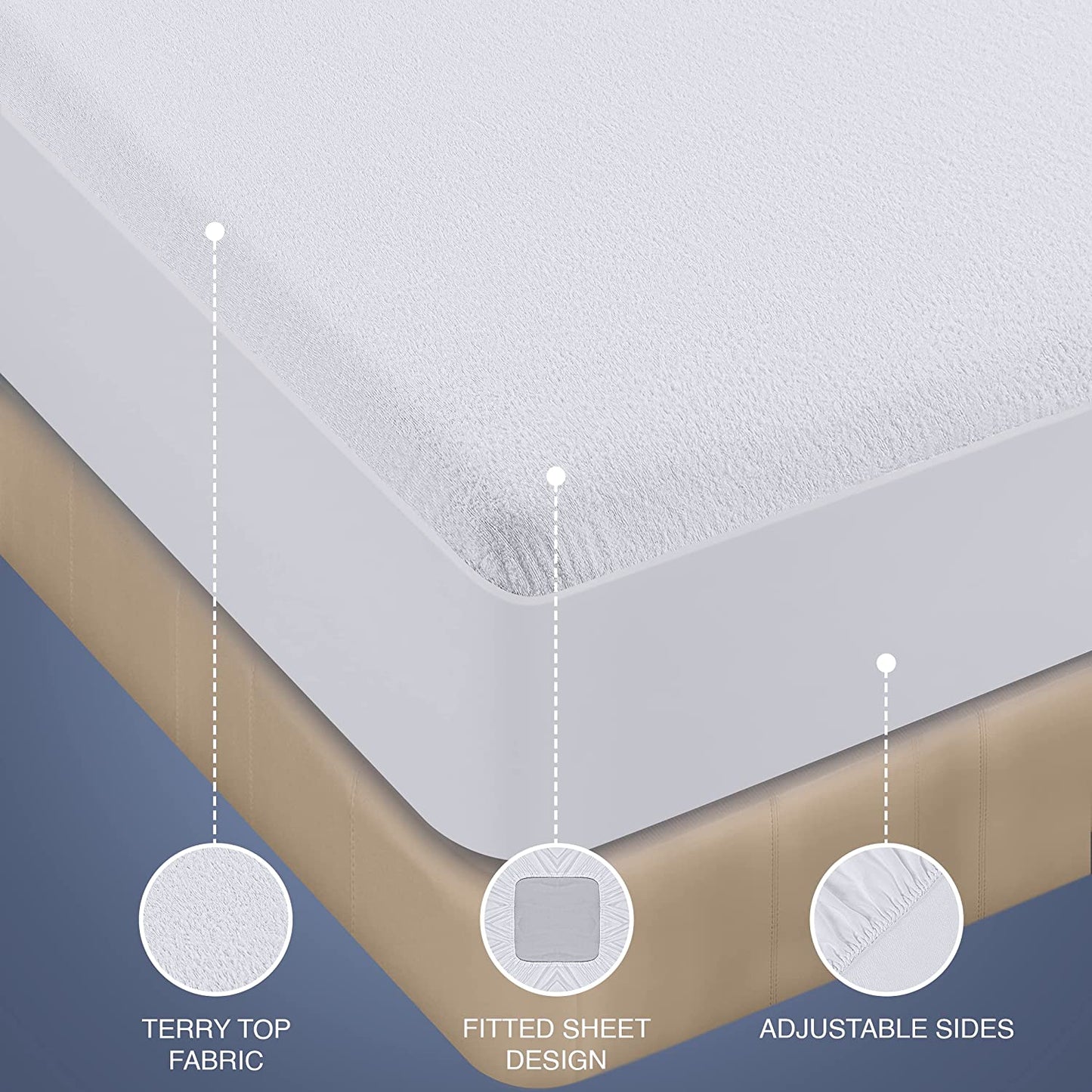  Waterproof Terry Top Mattress Protector Queen 200 GSM, Mattress Cover, Breathable, Fitted Style with Stretchable Pockets