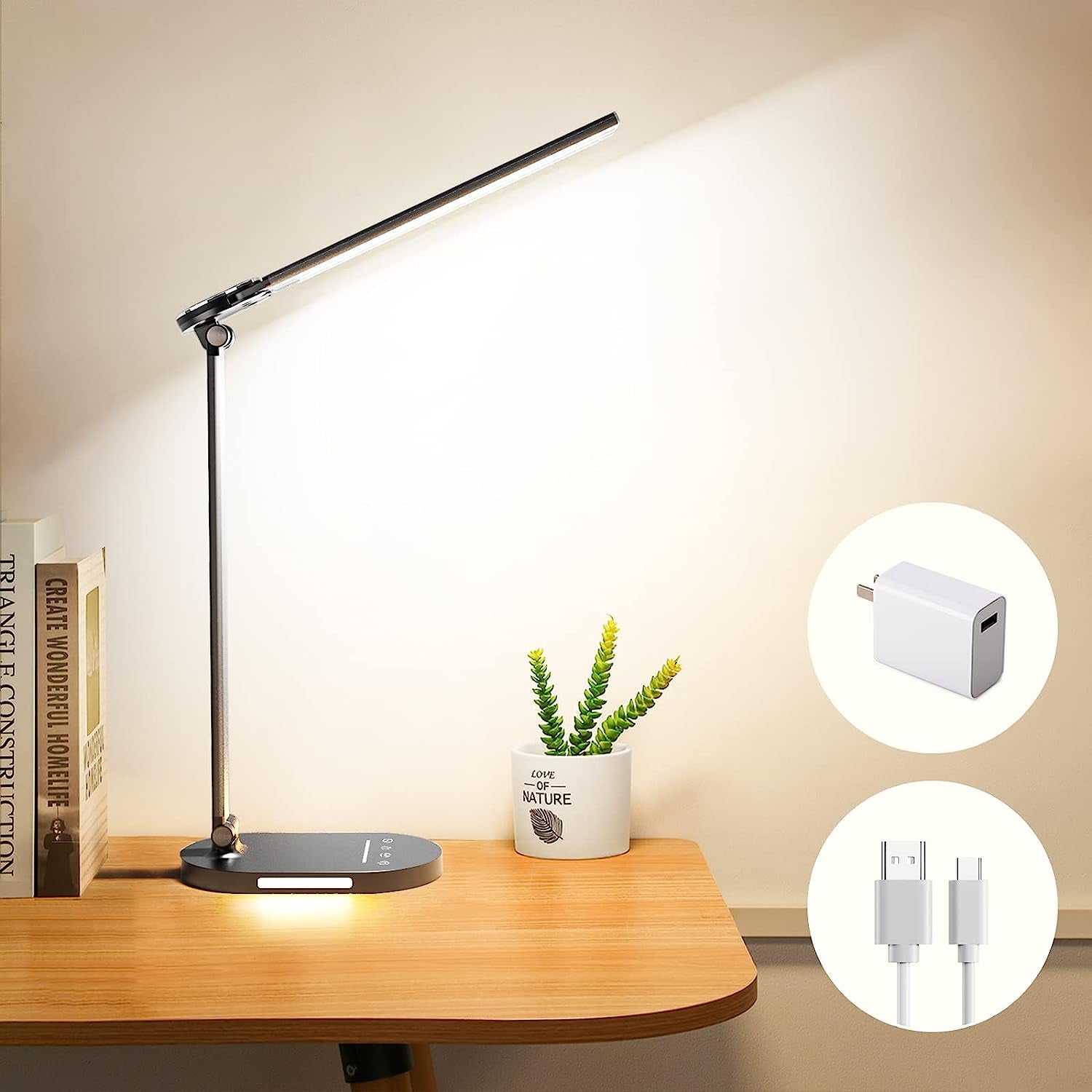 Dual Swing Arm LED Desk Lamp: Equipped with USB Charging Port and Night Light Function. This Desk Lamp offers 5 Color Modes, 5 Brightness Levels, and Touch Control. Ideal for Desktop, Office, or Table Use with Convenient Plug.